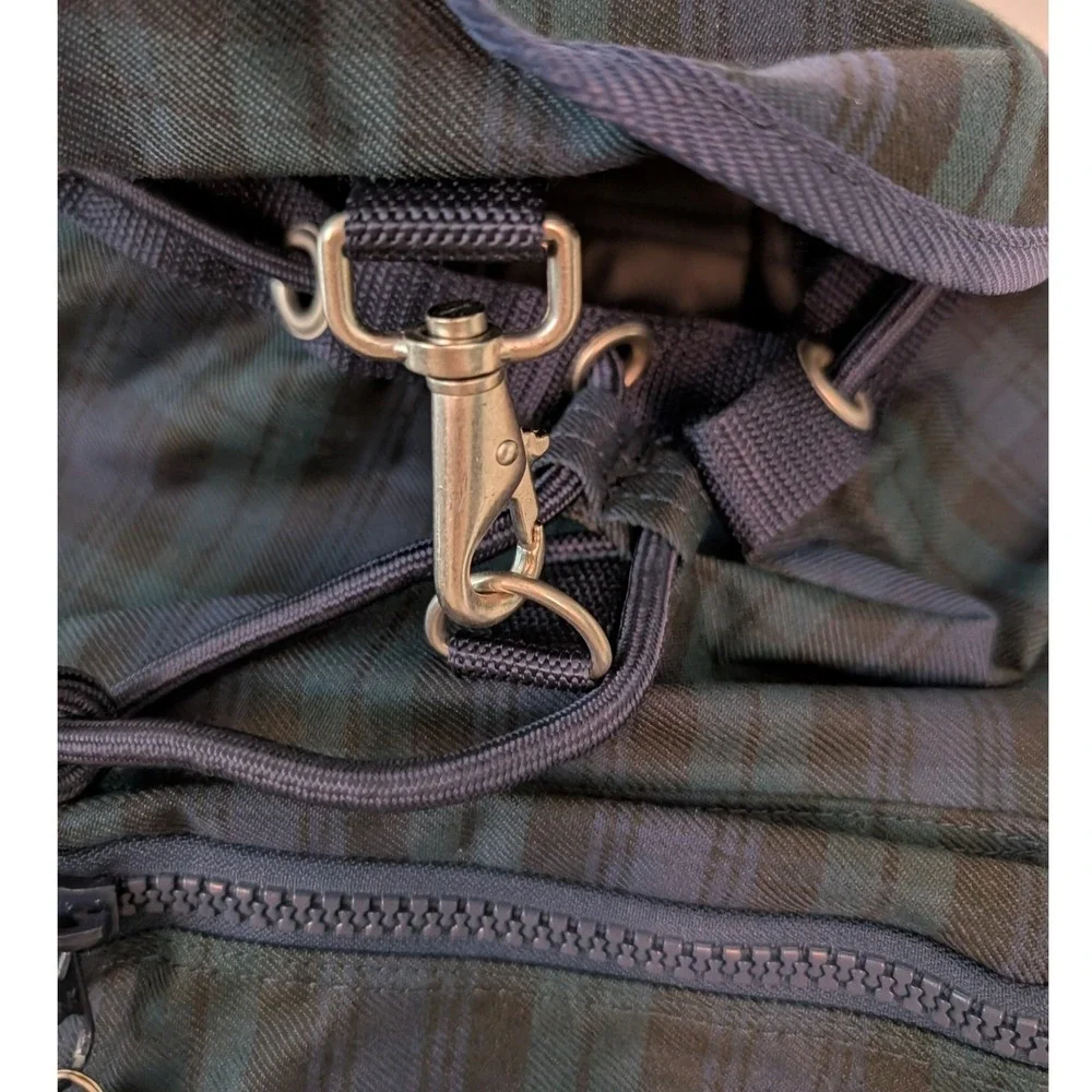 Vintage Tommy Hilfiger Spell Out Drawstring Cinch Backpack Navy Blue Green Plaid